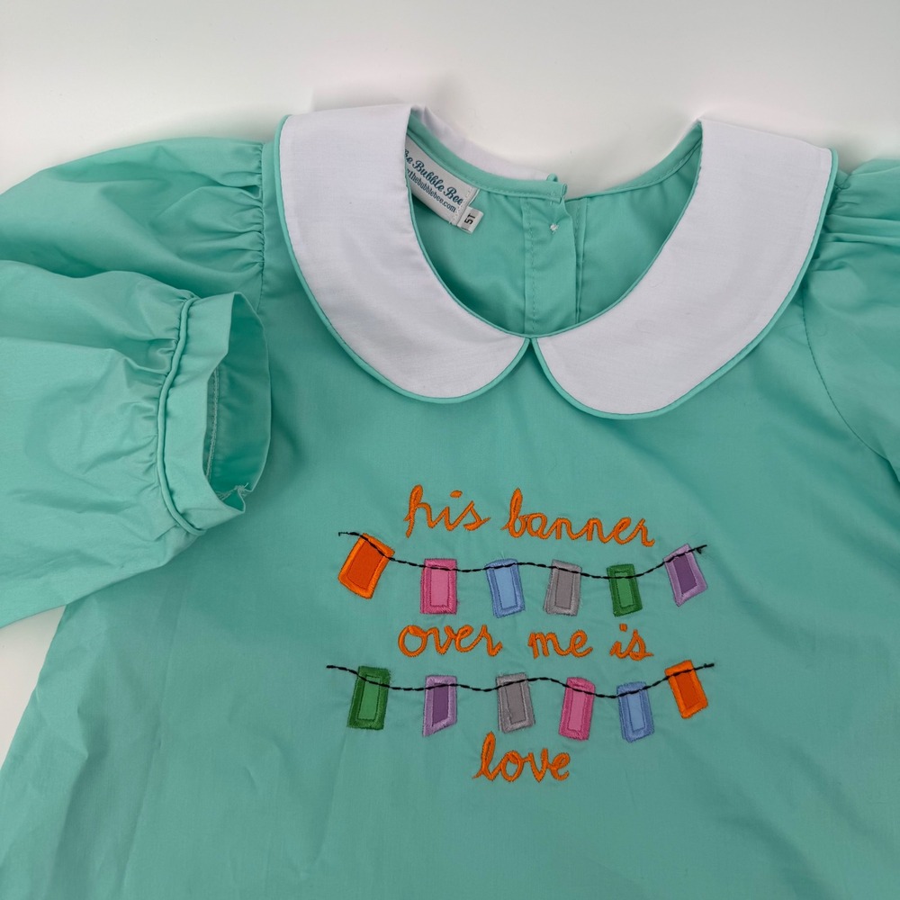 The Bubble Bee Girls Dress 5T Aqua White Peter Pan Collar Embroidered - 688‎